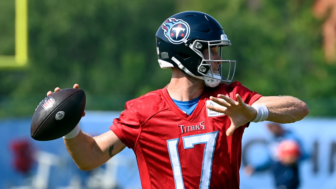Tennessee Titans quarterback Ryan Tannehill (17) throws a pass during an NFL football training camp practice Saturday, July 29, 2023, in Nashville, Tenn. (AP Photo/Mark Zaleski)