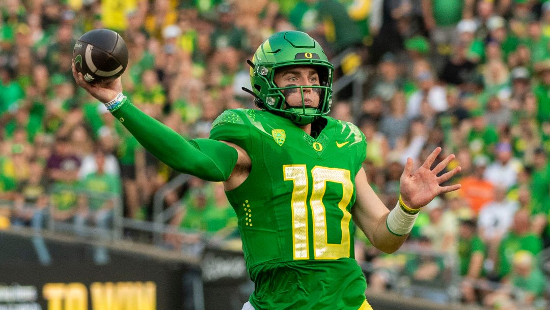 Oregon quarterback Bo Nix (10) passes against Hawaii during the first half of an NCAA college football game Saturday, Sept. 16, 2023, in Eugene, Ore.
