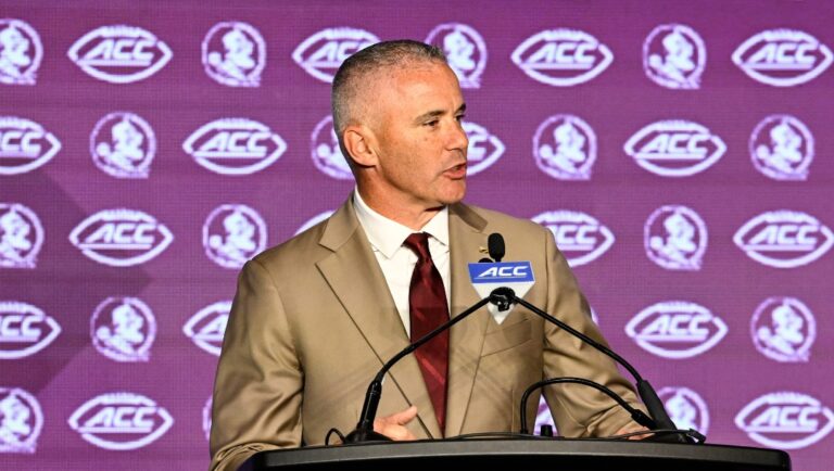 Florida State head coach Mike Norvell speaks during the Atlantic Coast Conference NCAA college football media days, Monday, July 22, 2024, in Charlotte, N.C. (AP Photo/Matt Kelley)
