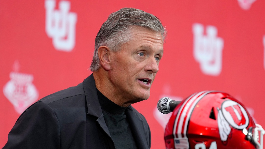 Utah head coach Kyle Whittingham speaks during the Big 12 NCAA college football media days in Las Vegas, Tuesday, July 9, 2024. (AP Photo/Lucas Peltier)