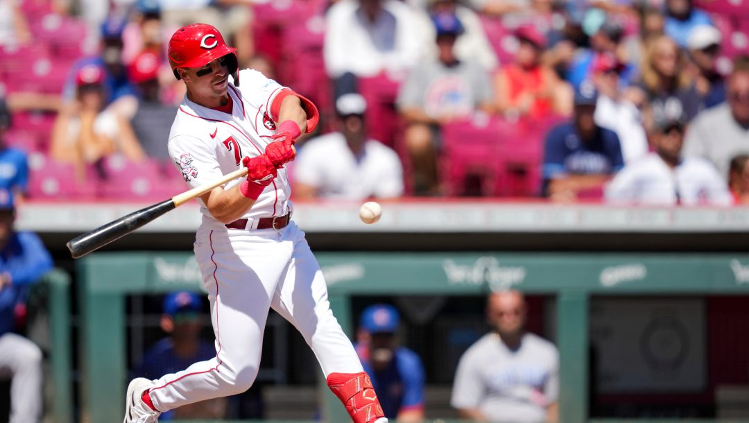 Cincinnati Reds' Spencer Steer bats during the first game of a baseball doubleheader against the Chicago Cubs in Cincinnati, Friday, Sept. 1, 2023.