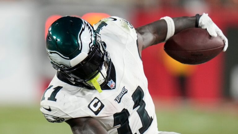 Philadelphia Eagles' A.J. Brown plays during the second half of an NFL football game against the Tampa Bay Buccaneers, Monday, Sept. 25, 2023, in Tampa, Fla. (AP Photo/Chris O'Meara)