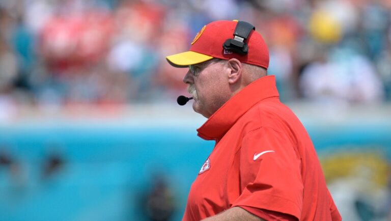 Kansas City Chiefs head coach Andy Reid watches from the sideline during the first half of an NFL football game against the Jacksonville Jaguars, Sunday, Sept. 17, 2023, in Jacksonville, Fla. (AP Photo/Phelan M. Ebenhack)