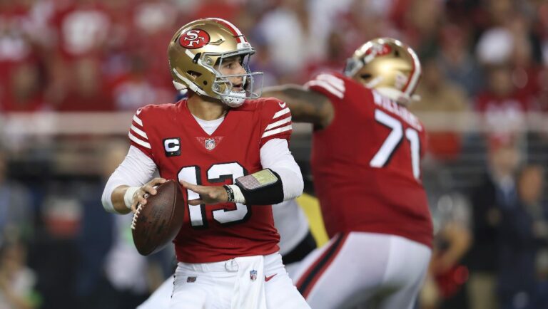 San Francisco 49ers quarterback Brock Purdy (13) passes against the New York Giants during the second half of an NFL football game in Santa Clara, Calif., Thursday, Sept. 21, 2023.