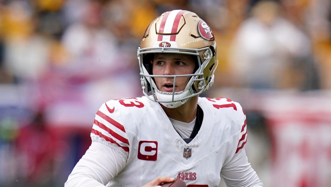 San Francisco 49ers quarterback Brock Purdy looks for a receiver against the Pittsburgh Steelers during the first half of an NFL football game Sunday, Sept. 10, 2023, in Pittsburgh. (AP Photo/Matt Freed)