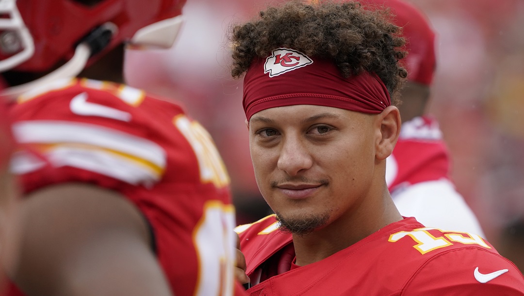 Kansas City Chiefs quarterback Patrick Mahomes (15) during an NFL preseason football game against the Cleveland Browns Saturday, Aug. 26, 2023, in Kansas City, Mo.