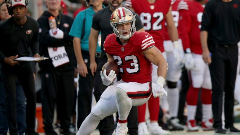 San Francisco 49ers running back Christian McCaffrey (23) runs during an NFL football game against the New York Giants, Thursday, Sept. 21, 2023, in Santa Clara, Calif.