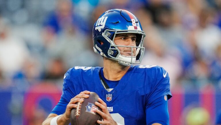 New York Giants quarterback Daniel Jones (8) passes during an NFL pre-season football game against the Carolina Panthers on Friday, Aug. 18, 2023, in East Rutherford, N.J.