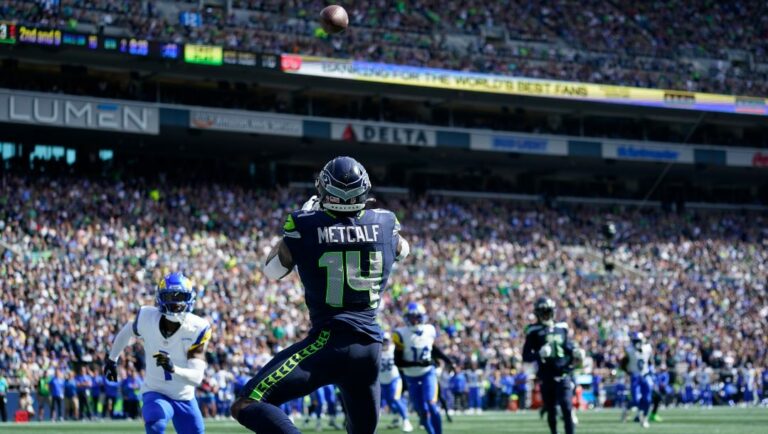 Seattle Seahawks wide receiver DK Metcalf (14) makes a touchdown reception against the Los Angeles Rams during the first half of an NFL football game, Sunday, Sept. 10, 2023, in Seattle.