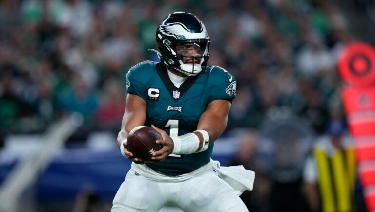 Philadelphia Eagles' Jalen Hurts plays during an NFL football game, Thursday, Sept. 14, 2023, in Philadelphia.