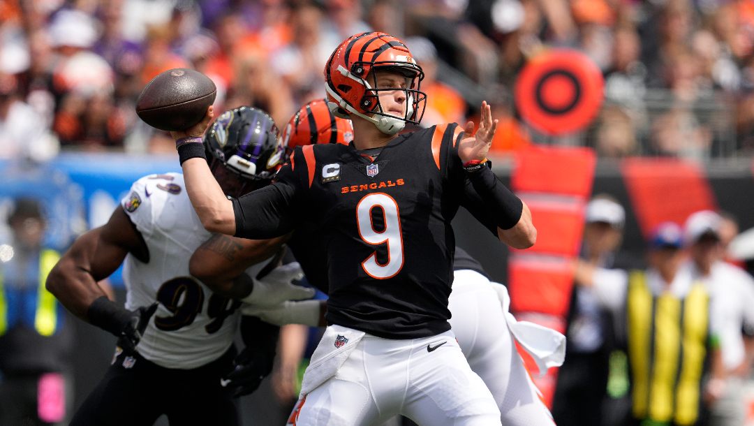 Cincinnati Bengals quarterback Joe Burrow throws during the first half of an NFL football game against the Baltimore Ravens Sunday, Sept. 17, 2023, in Cincinnati.