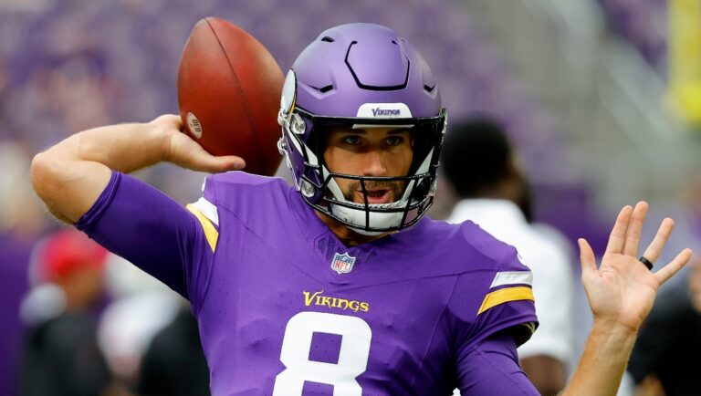 Minnesota Vikings quarterback Kirk Cousins warms up prior to an NFL preseason football game against the Arizona Cardinals, Saturday, Aug. 26, 2023, in Minneapolis. (AP Photo/Bruce Kluckhohn)
