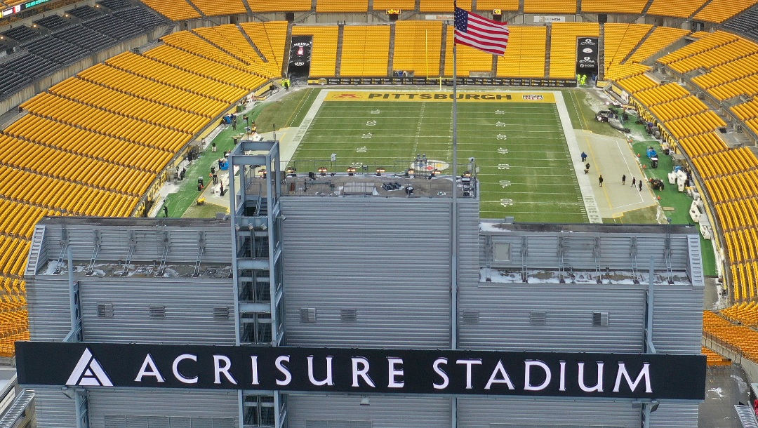 An aerial overall exterior view of Acrisure Stadium before an NFL football game between the Pittsburgh Steelers and the Las Vegas Raiders, Sunday, Dec. 24, 2022, in Pittsburgh. (AP Photo/Tyler Kaufman)