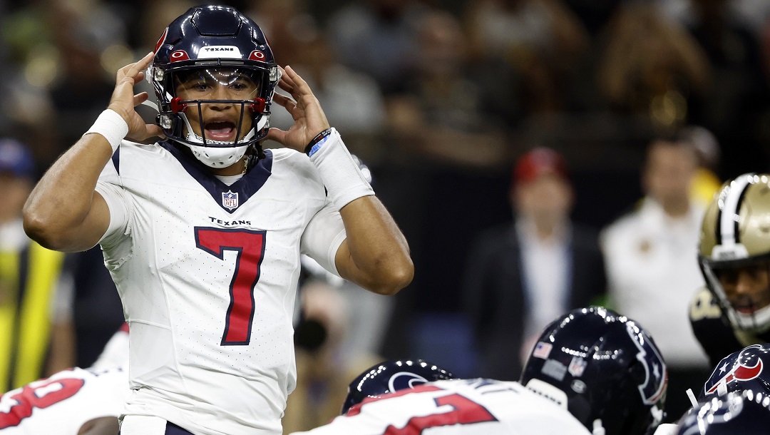 Houston Texans quarterback C.J. Stroud (7) checks off at the line during the first half of an NFL preseason football game against the New Orleans Saints Monday, Aug. 28, 2023, in New Orleans.