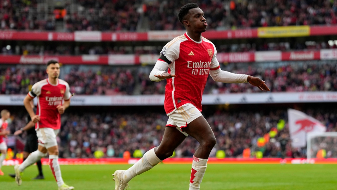Arsenal's Eddie Nketiah celebrates after scoring his side's second goal during the English Premier League soccer match between Arsenal and Sheffield United at Emirates Stadium in London, Saturday, Oct. 28, 2023.