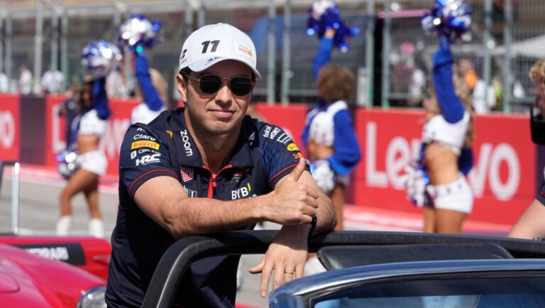 Red Bull driver Sergio Perez, of Mexico, waves during the Formula One U.S. Grand Prix auto race at Circuit of the Americas, Sunday, Oct. 22, 2023, in Austin, Texas.