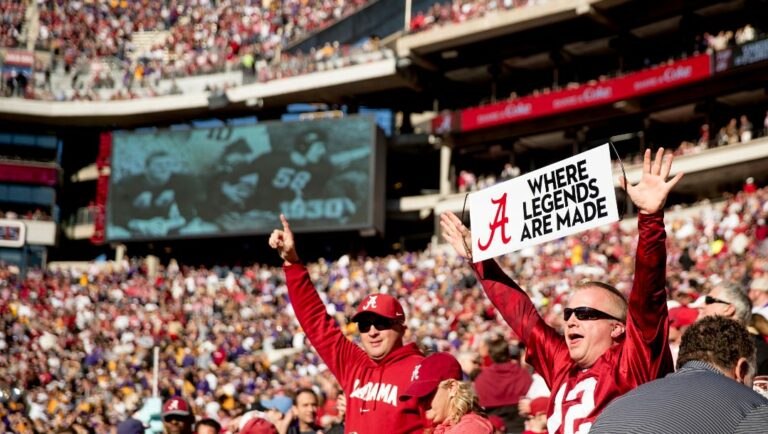Alabama fans cheer before a NCAA college football game against LSU at Bryant-Denny Stadium, in Tuscaloosa, Ala., Saturday, Nov. 9, 2019.