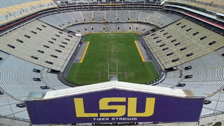 An aerial overall exterior view of Tiger Stadium before an NCAA college baseball tournament super regional game between LSU and Kentucky in Baton Rouge, La., Sunday, June 11, 2023. LSU won 8-3.