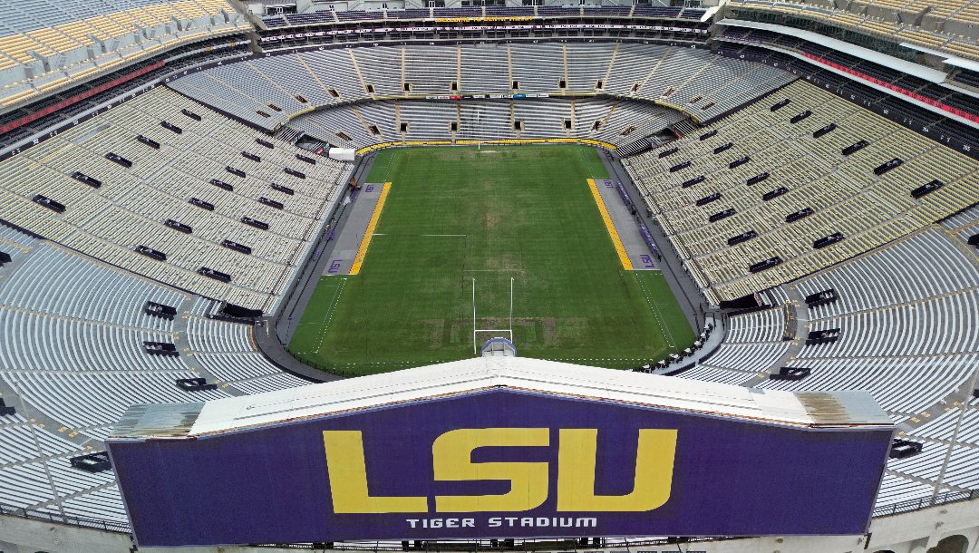 An aerial overall exterior view of Tiger Stadium before an NCAA college baseball tournament super regional game between LSU and Kentucky in Baton Rouge, La., Sunday, June 11, 2023. LSU won 8-3.