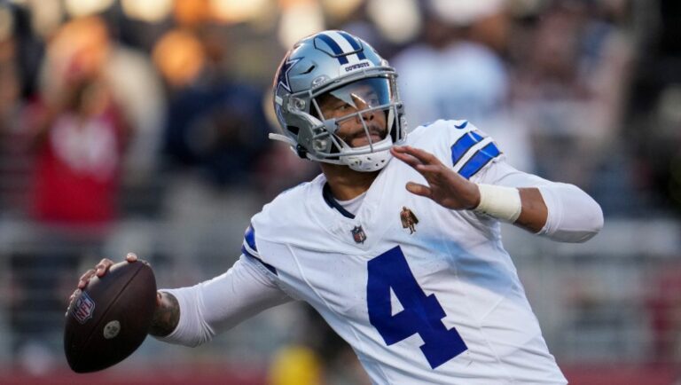 Dallas Cowboys quarterback Dak Prescott against the San Francisco 49ers during the first half of an NFL football game Sunday, Oct. 8, 2023, in Santa Clara, Calif.