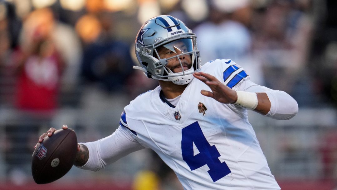 Dallas Cowboys quarterback Dak Prescott against the San Francisco 49ers during the first half of an NFL football game Sunday, Oct. 8, 2023, in Santa Clara, Calif.