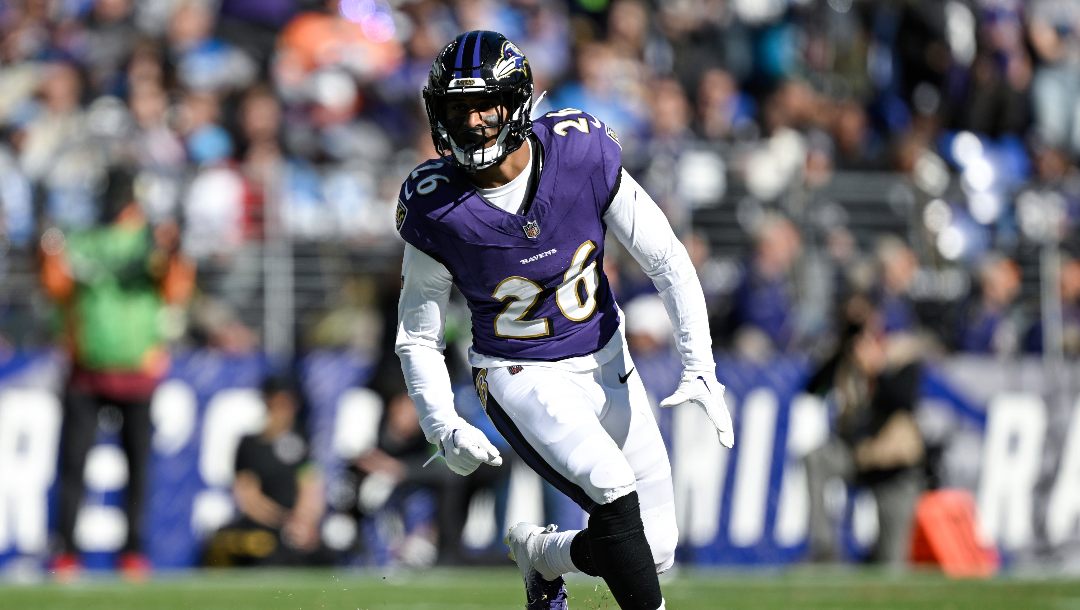 Baltimore Ravens safety Geno Stone (26) in action during the first half of an NFL football game against the Detroit Lions, Sunday, Oct. 22, 2023, in Baltimore.