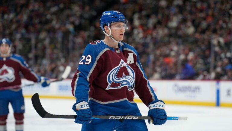 Colorado Avalanche center Nathan MacKinnon (29) in the third period of an NHL hockey game Saturday, Dec. 9, 2023, in Denver.