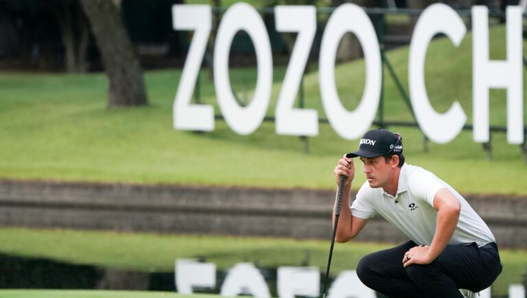 Andrew Putnam of the United States lines up a putt on the 16th green during the final round of the Zozo Championship golf tournament at Accordia Golf Narashino Country Club on Sunday, Oct. 16, 2022, in Inzai, Chiba Prefecture, east of Tokyo, Japan.