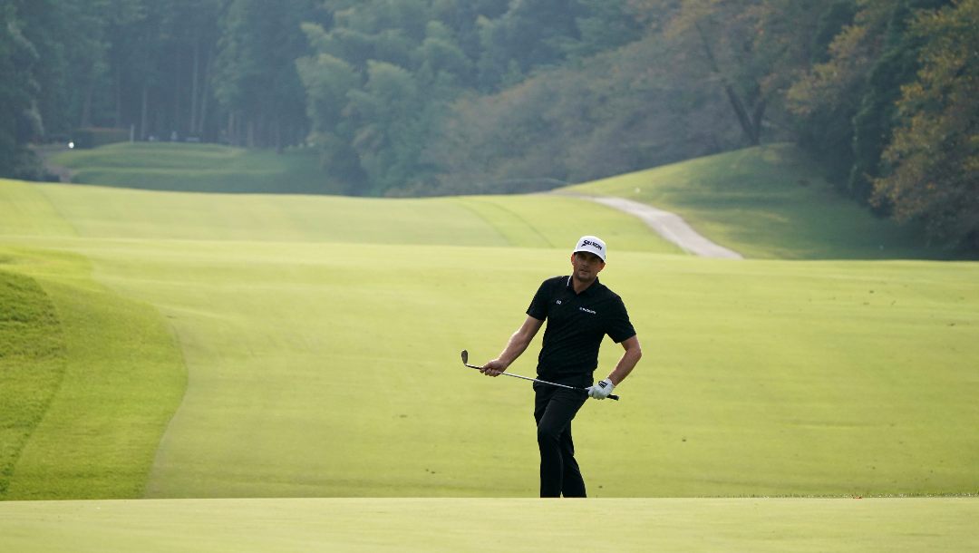 Keegan Bradley of the United States reacts after hitting a shot on the 14th hole during the final round of the Zozo Championship golf tournament at Accordia Golf Narashino Country Club on Sunday, Oct. 16, 2022, in Inzai, Chiba Prefecture, east of Tokyo, Japan.