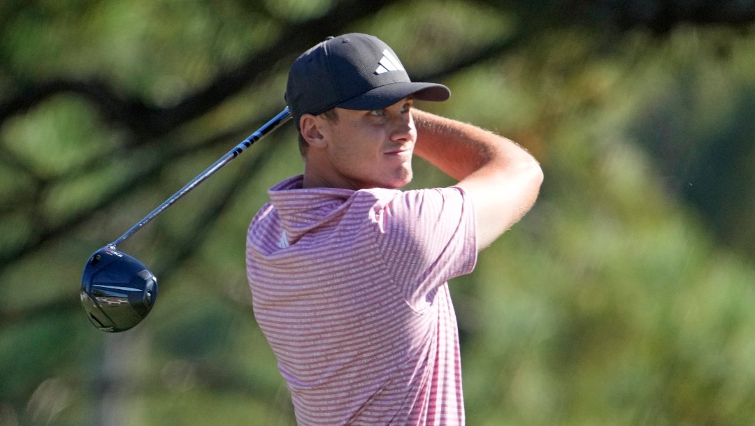 Ludvig Aberg, of Sweden, watches his drive from the ninth tee during the final round of the Sanderson Farms Championship golf tournament Sunday, Oct. 8, 2023, in Jackson, Miss.