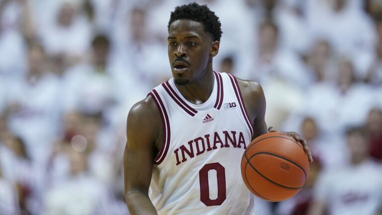Indiana's Xavier Johnson dribbles during the second half of an NCAA college basketball game against North Carolina, Wednesday, Nov. 30, 2022, in Bloomington, Ind.