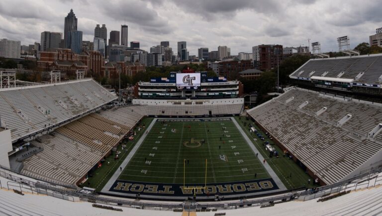 Bobby Dodd Stadium is viewed before a NCAA college football game between Georgia Tech and Miami Hurricanes Saturday, Nov. 12, 2022, in Atlanta. (AP Photo/Hakim Wright Sr.)