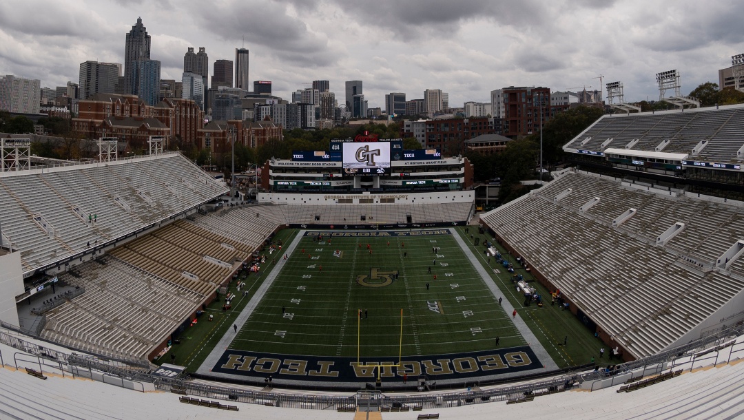 Bobby Dodd Stadium is viewed before a NCAA college football game between Georgia Tech and Miami Hurricanes Saturday, Nov. 12, 2022, in Atlanta. (AP Photo/Hakim Wright Sr.)