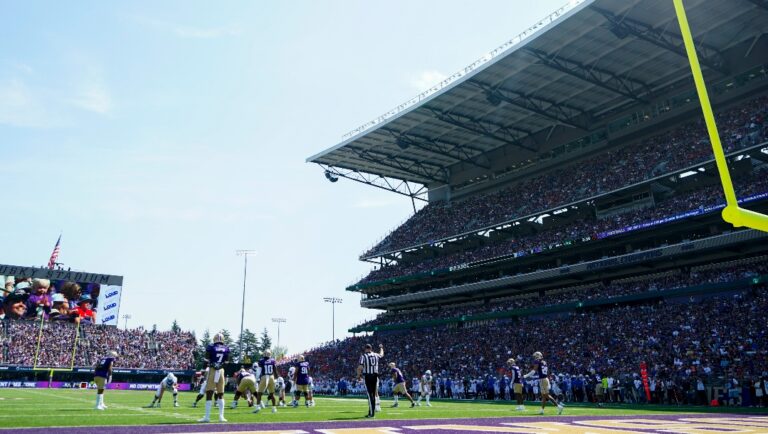 A general view of Husky Stadium during the first half of an NCAA college football game between Washington and Boise State, Saturday, Sept. 2, 2023, in Seattle. (AP Photo/Lindsey Wasson)