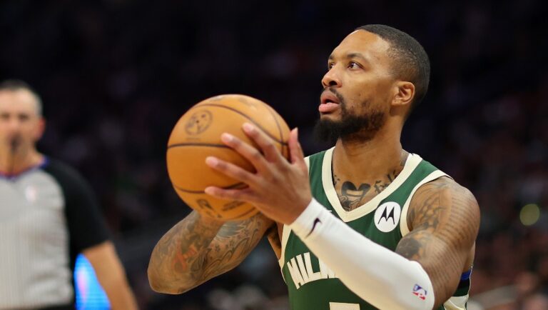 MILWAUKEE, WISCONSIN - NOVEMBER 26: Damian Lillard #0 of the Milwaukee Bucks takes a three point shot during the second half of a game against the Milwaukee Bucks at Fiserv Forum on November 26, 2023 in Milwaukee, Wisconsin. NOTE TO USER: User expressly acknowledges and agrees that, by downloading and or using this photograph, User is consenting to the terms and conditions of the Getty Images License Agreement. (Photo by Stacy Revere/Getty Images)