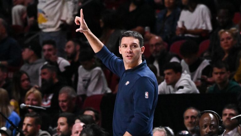 MONTREAL, CANADA - OCTOBER 12: Head coach of the Oklahoma City Thunder, Mark Daigneault, handles bench duties during the first half of a preseason NBA game against the Detroit Pistons at Bell Centre on October 12, 2023 in Montreal, Quebec, Canada. The Detroit Pistons defeated the Oklahoma City Thunder 128-125. NOTE TO USER: User expressly acknowledges and agrees that, by downloading and or using this photograph, User is consenting to the terms and conditions of the Getty Images License Agreement.