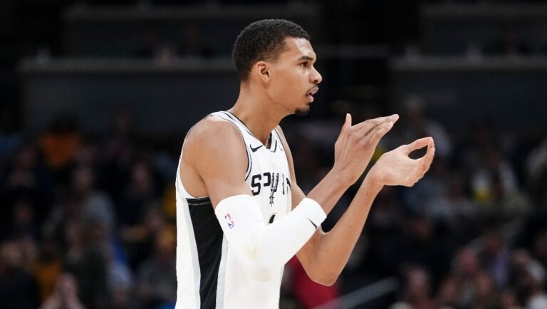 Victor Wembanyama #1 of the San Antonio Spurs reacts in the third quarter against the Indiana Pacers at Gainbridge Fieldhouse on November 06, 2023 in Indianapolis, Indiana.