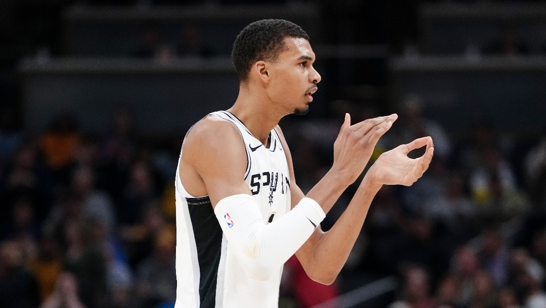 Victor Wembanyama #1 of the San Antonio Spurs reacts in the third quarter against the Indiana Pacers at Gainbridge Fieldhouse on November 06, 2023 in Indianapolis, Indiana.