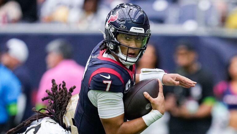 New Orleans Saints linebacker Demario Davis sacks Houston Texans quarterback C.J. Stroud (7) in the second half of an NFL football game in Houston, Sunday, Oct. 15, 2023. (AP Photo/Eric Gay)