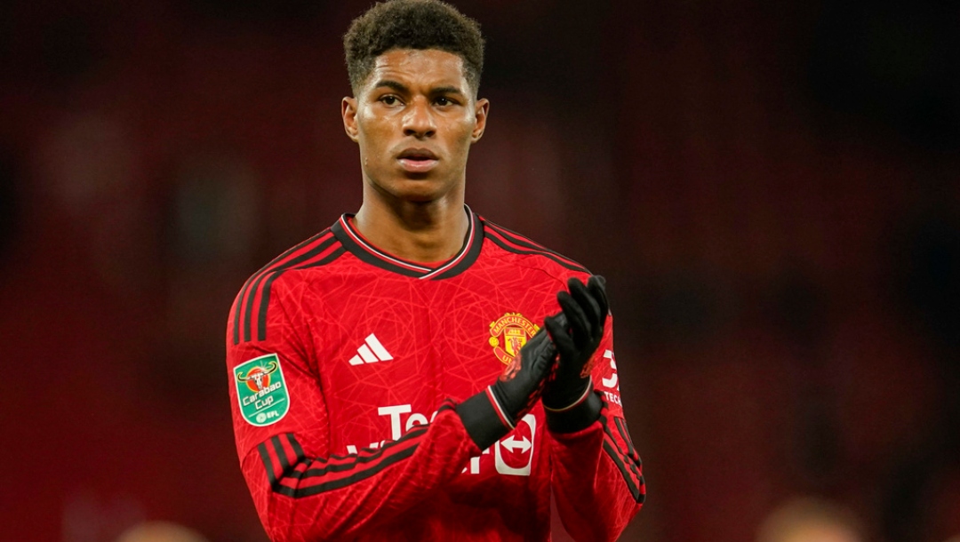 Manchester United's Marcus Rashford applauds at the end of EFL Cup fourth round soccer match between Manchester United and Newcastle at Old Trafford stadium in Manchester, England, Wednesday, Nov. 1, 2023.
