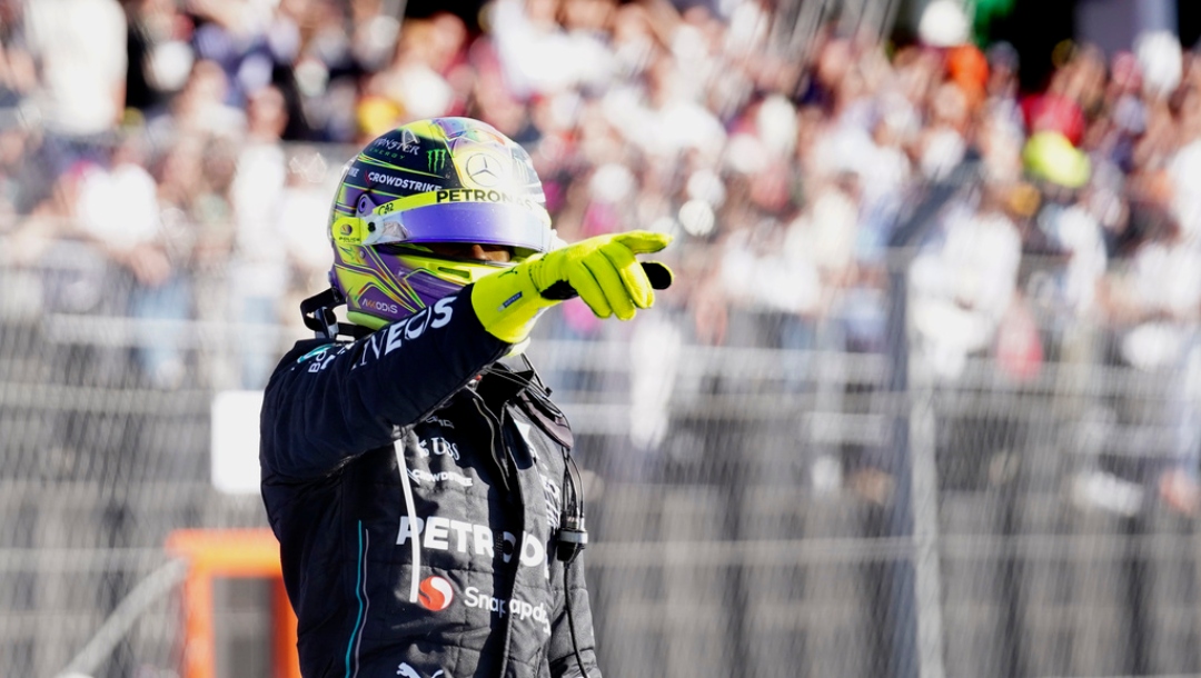 Mercedes' Lewis Hamilton of Britain, celebrates his second place finish in the Formula One Mexico Grand Prix auto race at the Hermanos Rodriguez racetrack in Mexico City,