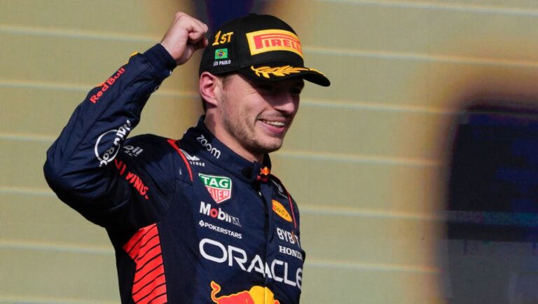 Red Bull driver Max Verstappen of the Netherlands celebrates his first place on the podium at the end of the Brazilian Formula One Grand Prix at the Interlagos race track in Sao Paulo, Brazil, Sunday, Nov. 5, 2023.