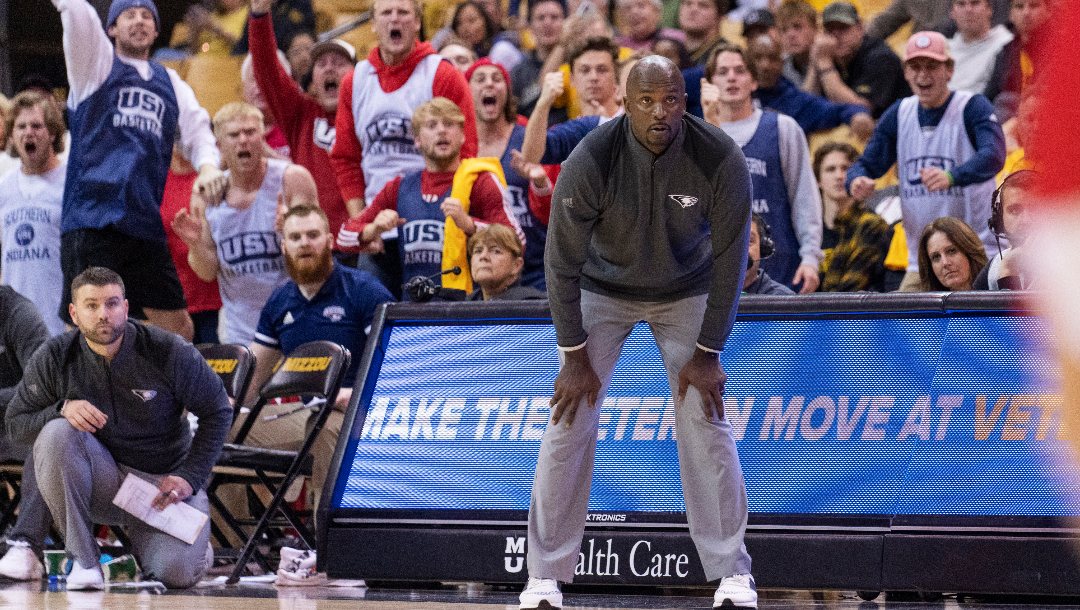 Southern Indiana head coach Stan Gouard watches his team play during the second half of an NCAA college basketball game against Missouri Saturday, Nov. 7, 2022, in Columbia, Mo. (AP Photo/L.G. Patterson)