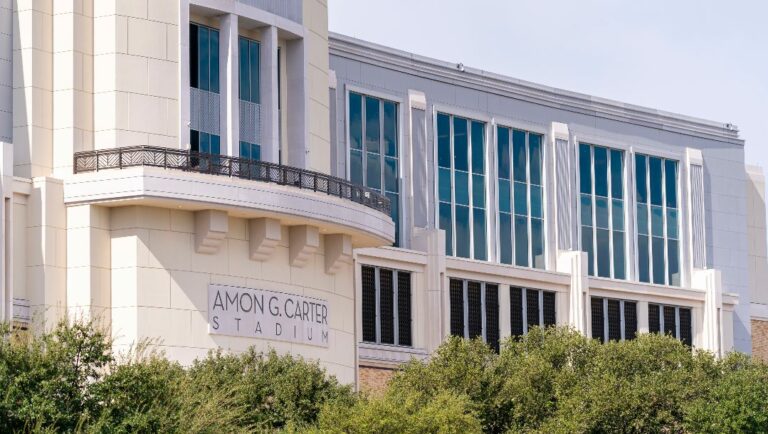 A general view of the exterior of Amon G. Carter Stadium before an NCAA college football game between TCU and Oklahoma State in Fort Worth, Texas, Saturday, Oct. 15, 2022.