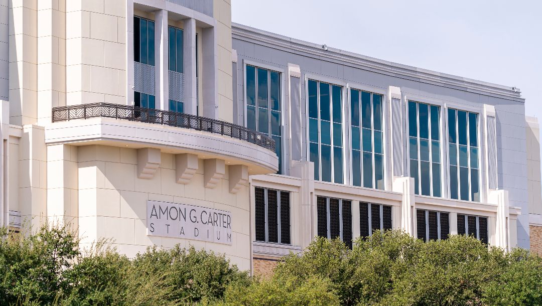 A general view of the exterior of Amon G. Carter Stadium before an NCAA college football game between TCU and Oklahoma State in Fort Worth, Texas, Saturday, Oct. 15, 2022.