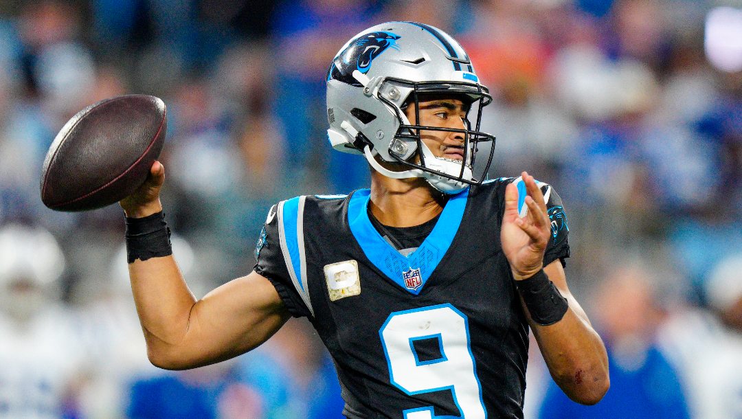 Carolina Panthers quarterback Bryce Young passes against the Indianapolis Colts during the first half of an NFL football game Sunday, Nov. 5, 2023, in Charlotte, N.C.