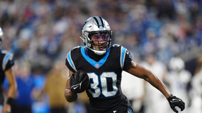 Carolina Panthers running back Chuba Hubbard runs against the Indianapolis Colts during the second half of an NFL football game Sunday, Nov. 5, 2023, in Charlotte, N.C.