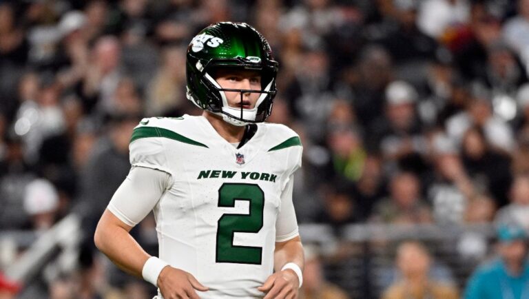 New York Jets quarterback Zach Wilson (2) looks on during an NFL football game against the Las Vegas Raiders, Sunday, Nov. 12, 2023, in Las Vegas.