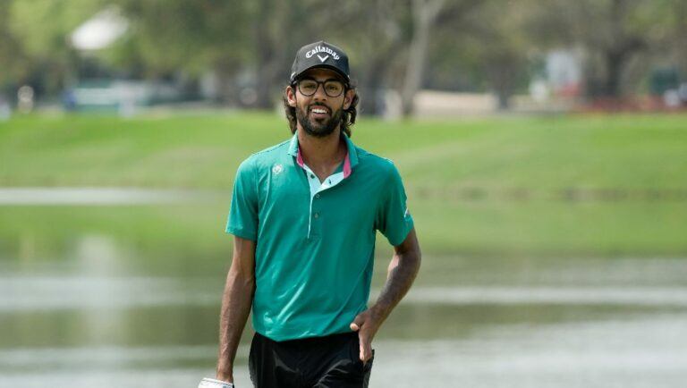 Akshay Bhatia of United States walks on the first green during the Mexico Open golf tournament's final round in Puerto Vallarta, Mexico, Sunday, April 30, 2023.