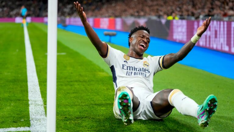 Real Madrid's Vinicius Junior reacts during a Spanish La Liga soccer match between Real Madrid and Rayo Vallecano at the Santiago Bernabeu stadium in Madrid, Spain, Sunday, Nov. 5, 2023.